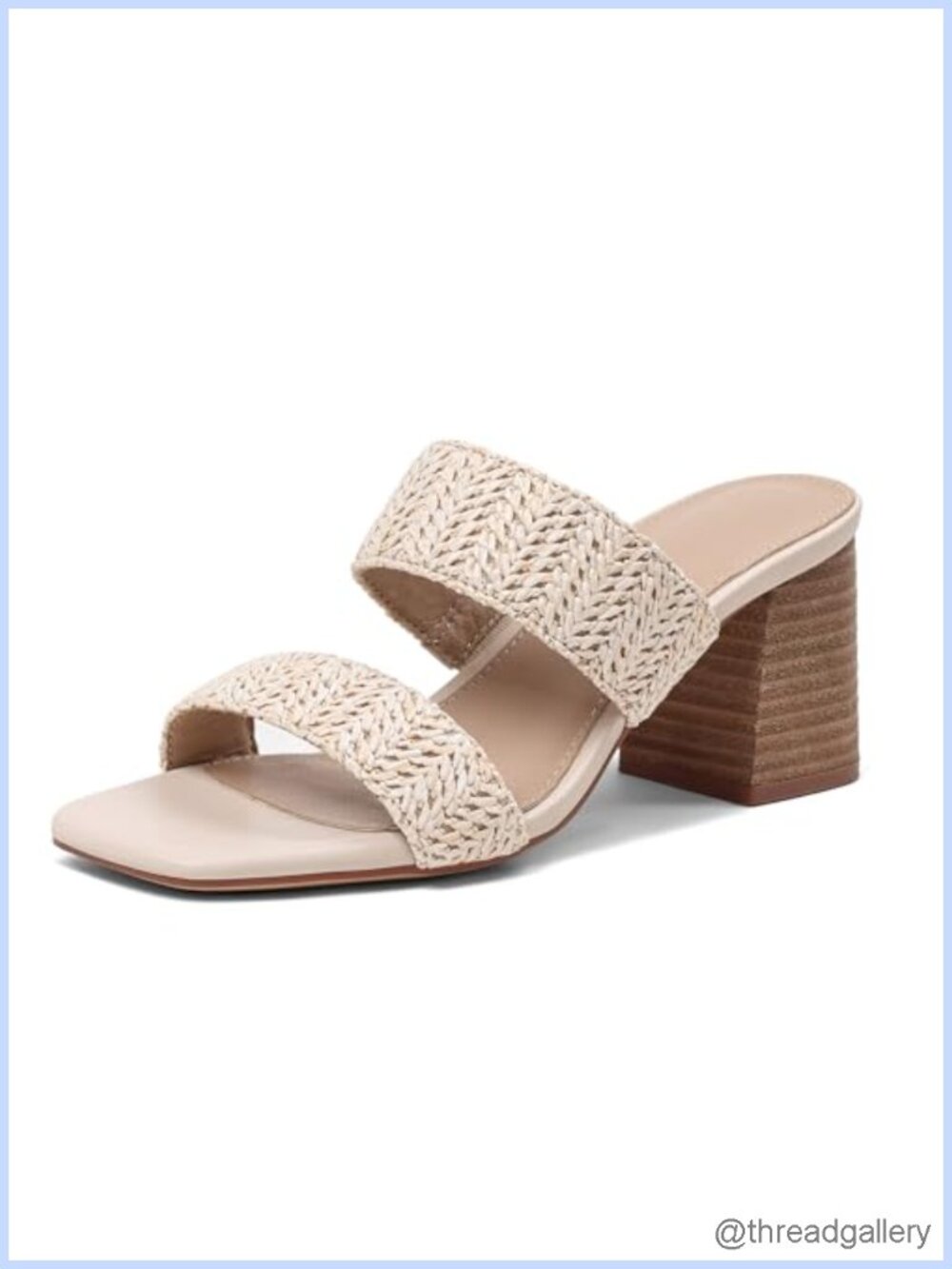 Raffia Heeled Sandals for Women Chunky Block Heels Square Open Toe Double Strap